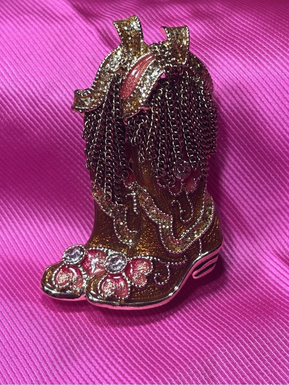 New Napier Gold & Pink Western Boot Brooch with Chain Fringe